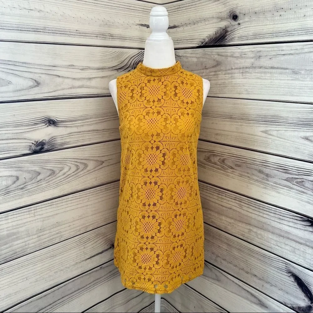 FOREVER 21 Golden Yellow High Neck Lace Shift Dress Size Small